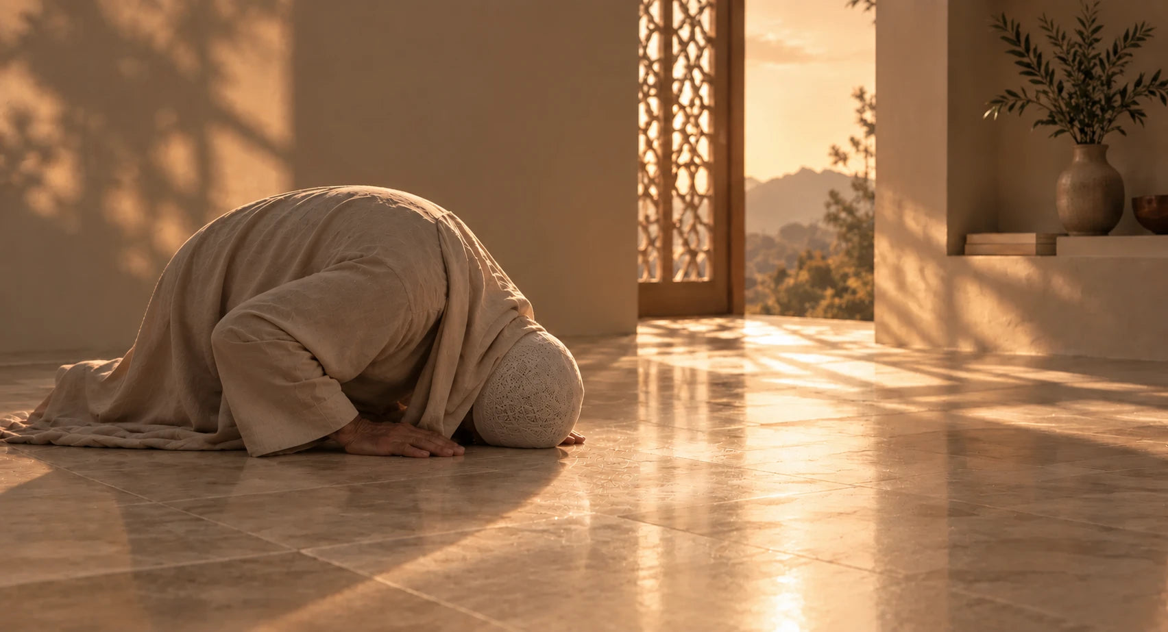 Un homme en prosternation sur le carrelage, à la lumière du couchant