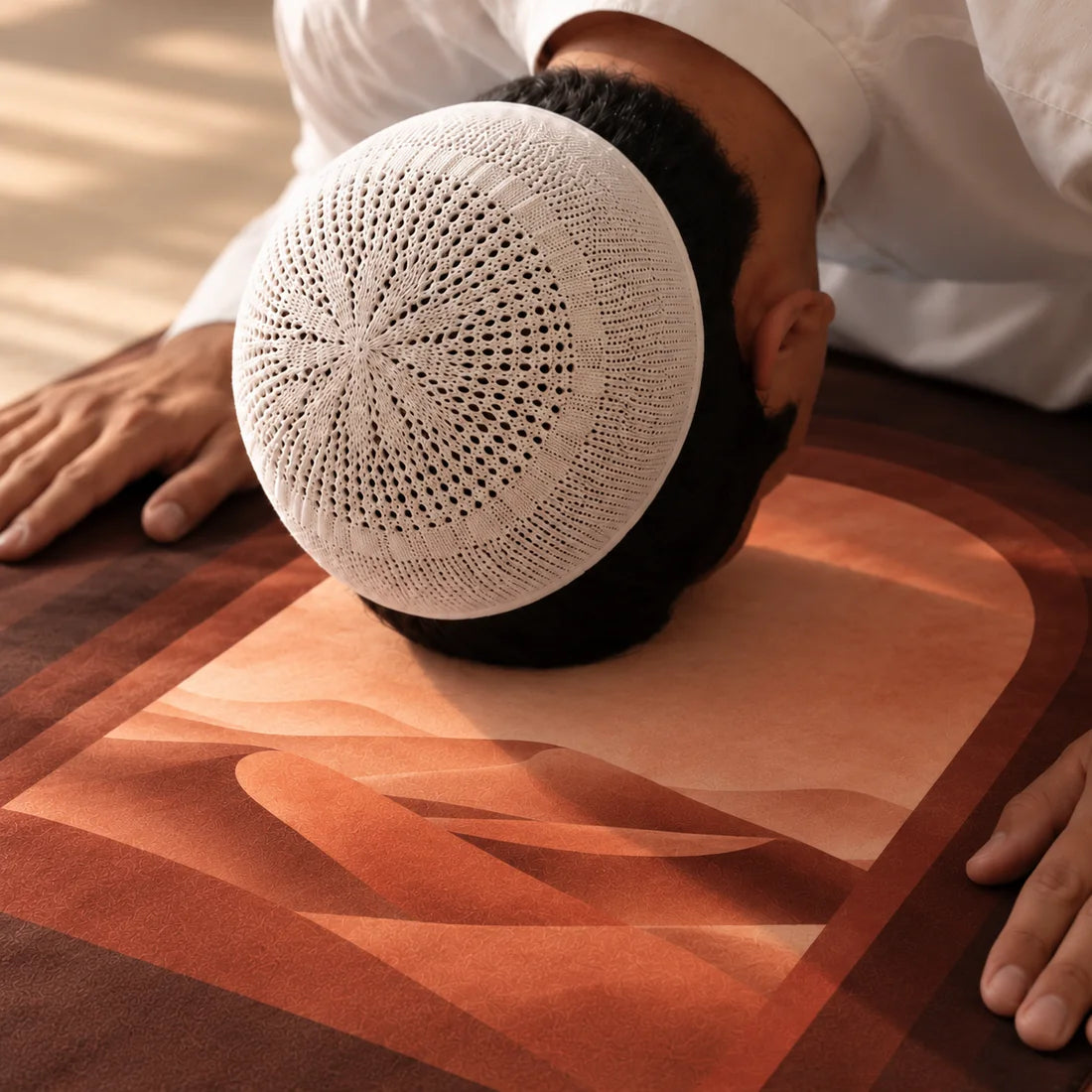 Homme en sujud, le front posé sur le tapis nomade Baraka déroulé