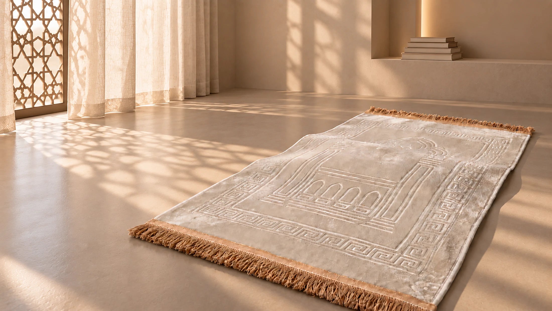 Tapis de prière Baraka crème déroulé dans une pièce baignée de lumière, moucharabieh au mur