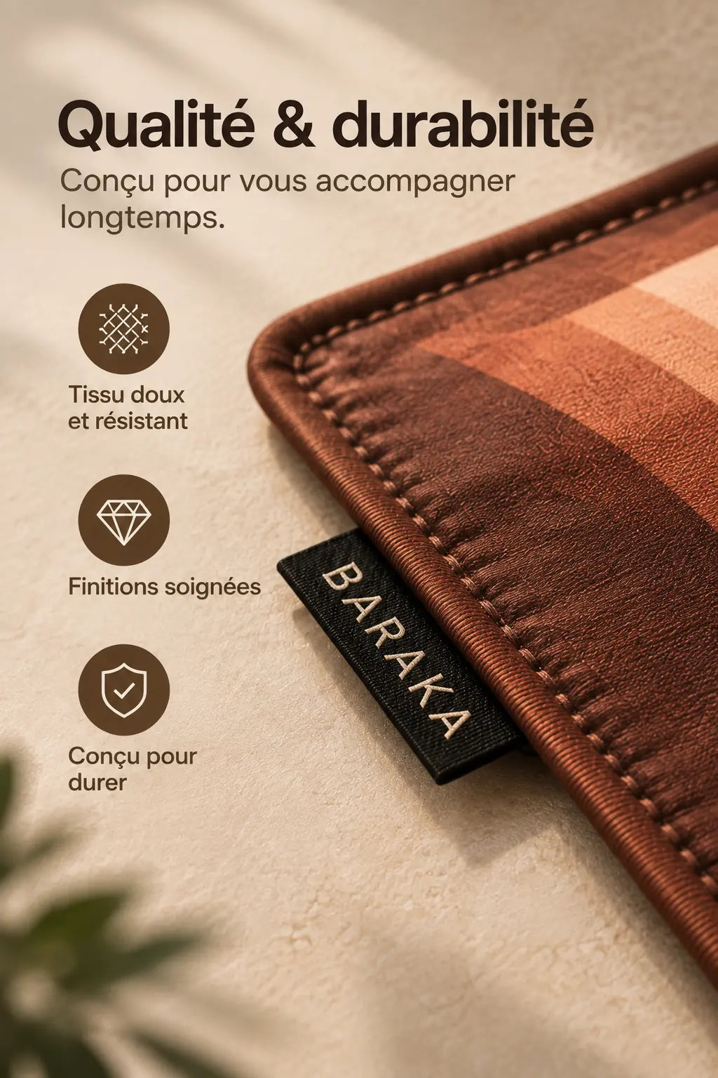 Qualité et durabilité du tapis nomade Baraka : tissu doux et résistant, finitions soignées, étiquette cousue