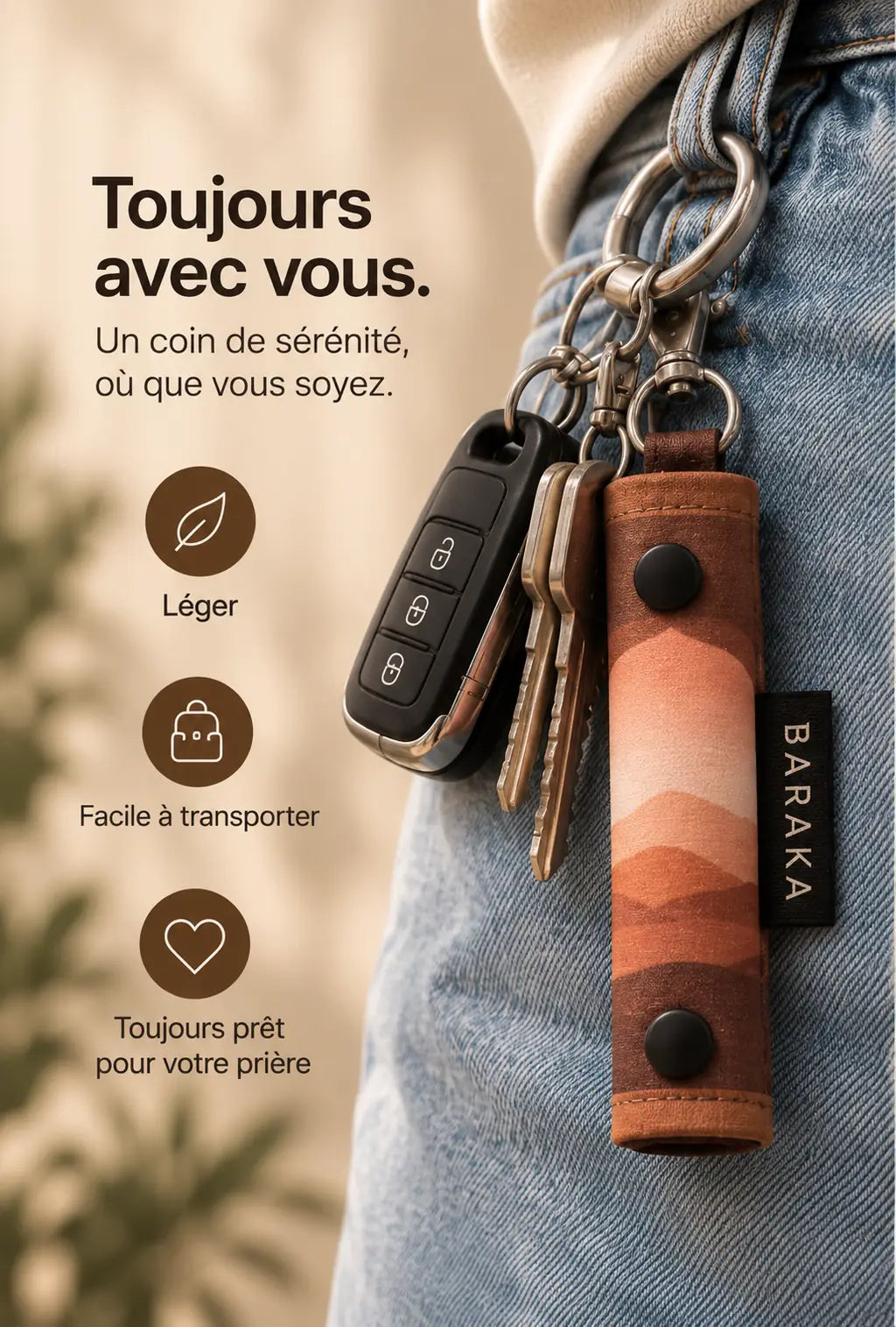 Toujours avec vous : le tapis nomade Baraka accroché à un trousseau de clés, léger et facile à transporter